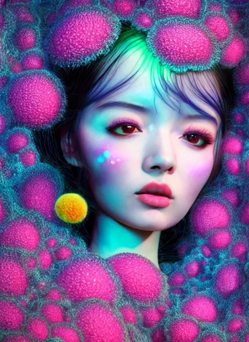 Image similar to hyper detailed 3d render like a Oil painting - kawaii portrait Aurora (black haired Singer) seen Eating of the Strangling network of yellowcake aerochrome and milky Fruit and Her delicate Hands hold of gossamer polyp blossoms bring iridescent fungal flowers whose spores black the foolish stars by Jacek Yerka, Mariusz Lewandowski, Houdini algorithmic generative render, Abstract brush strokes, Masterpiece, Edward Hopper and James Gilleard, Zdzislaw Beksinski, Mark Ryden, Wolfgang Lettl, hints of Yayoi Kasuma, octane render, 8k