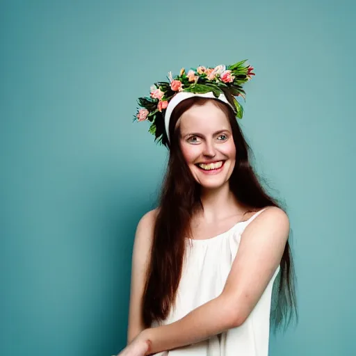 Prompt: a photograph of beautiful nordic woman, duchenne smile, wearing a white folkdrakt dress, she has a summer flower headband. against a teal studio backdrop. strong kodak portra 4 0 0 film look. film grain. cinematic. in - focus