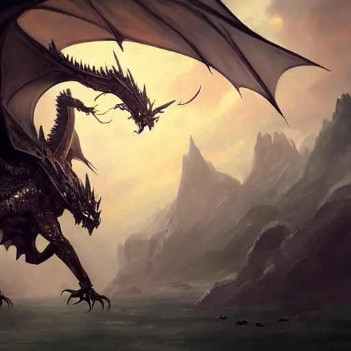 Prompt: flying black dragon, d & d, fantasy, greg rutkowski,