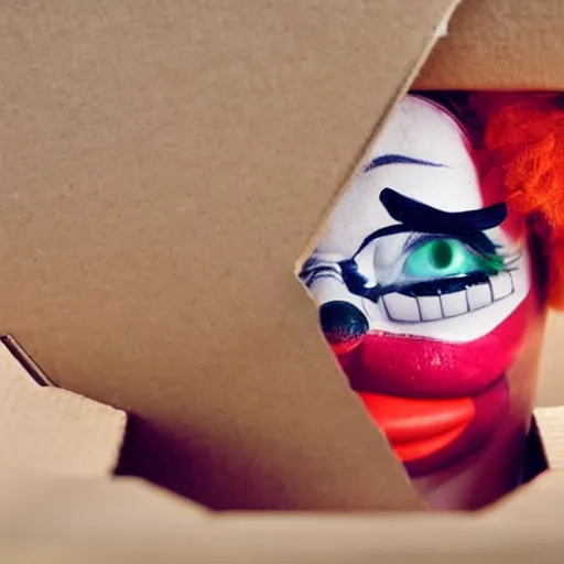 Image similar to a cardboard box with a clown peeking out if it, and the words lol written on it, realistic