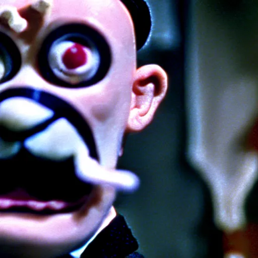 Prompt: claymation hitler as a pokemon by jan svankmajer, hyperrealistic, very detailed, tim burton, 3 5 mm film still, gothic, horror, eldritch