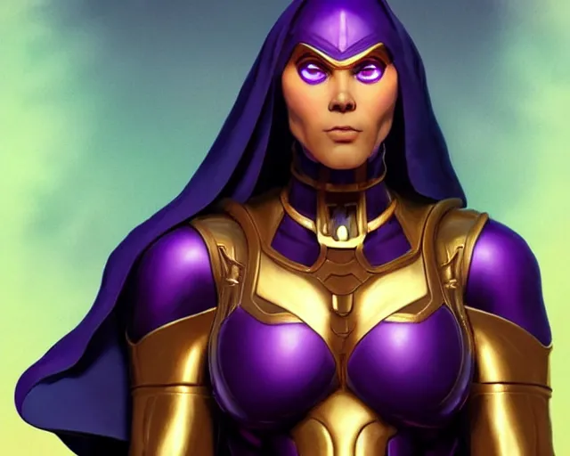 Image similar to thanos as a feminine beautiful muscular woman dressed as a battle nun, highly detailed full body portrait, pretty face, elegant, breathtaking art, concept art, by artgerm and ilya kuvshinov