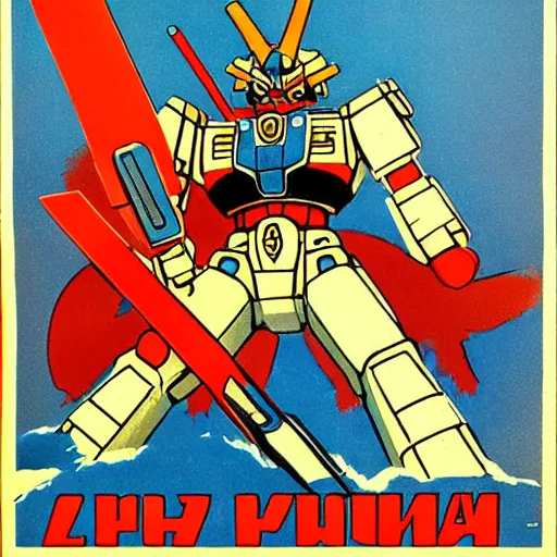 Prompt: detailed soviet propaganda poster of a gundam holding a pickaxe