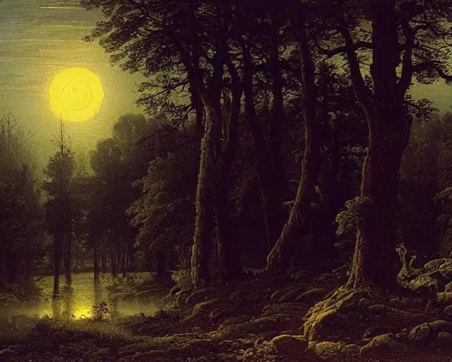 Prompt: forest landscape in the moonlight by georg eduard otto, caspar david friedrich, sebastian pether, giovanni grubacs, detailed