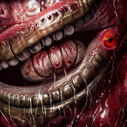 Image similar to realistic long textured tongue, wet humanoid alien,, dripping acid saliva, smoke, mouth in mouth, 8 alien eyes, metallic fangs, thin red veins, grey snake scale skin, cinematic light shadows, slimy reflections, crawling in a sewer pipe, flashlight lighting, insanely detailed