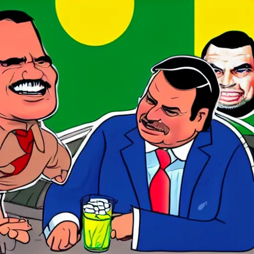 Prompt: cartoon drawing of Brazilian politicians Luis Inacio Lula da Silva and Jair Bolsonaro together drinking a caipirinha with Rio de Janeiro on the background, cute, cartoon, Disney, friendly, detailed