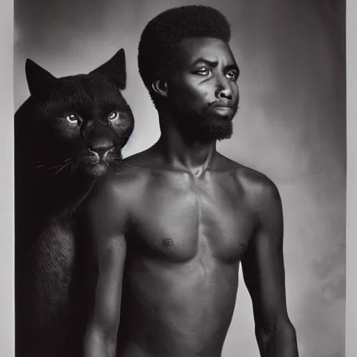 Prompt: a handsome african man and the black panther, black and white, by richard avedon,