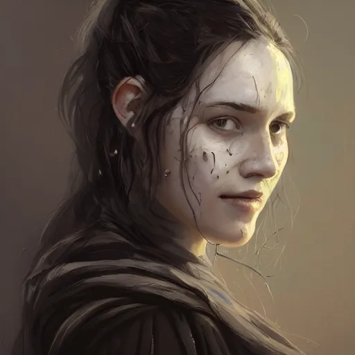 Prompt: portrait of an woman by Greg Rutkowski, she is about 20 years old, pretty, long brown wavy hair, blackout tattoos on her face, scar near her mouth that makes her look like she's smiling all the time, wearing black sith robes, Star Wars Expanded Universe, highly detailed portrait, digital painting, artstation, concept art, smooth, sharp foccus ilustration, Artstation HQ