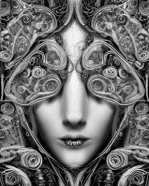 Prompt: mythical dreamy black and white organic bio-mechanical spinal ribbed profile face portrait detail of translucent steampunk beautiful intricated siamese sisters angelic-human-queen-vegetal-cyborg, highly detailed, intricate trnaslucent ivy jelly ornate, poetic, translucent roses ornate, 3D render, digital art, octane render, 8K artistic photography, photo-realistic, by Dora Maar