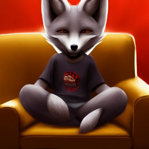 Image similar to an anthropomorphic fox wearing a t-shirt and jeans sitting on a couch, 8k resolution matte fantasy painting, cinematic lighting, DeviantArt, Artstation, furry, anthro, anthropomorphic