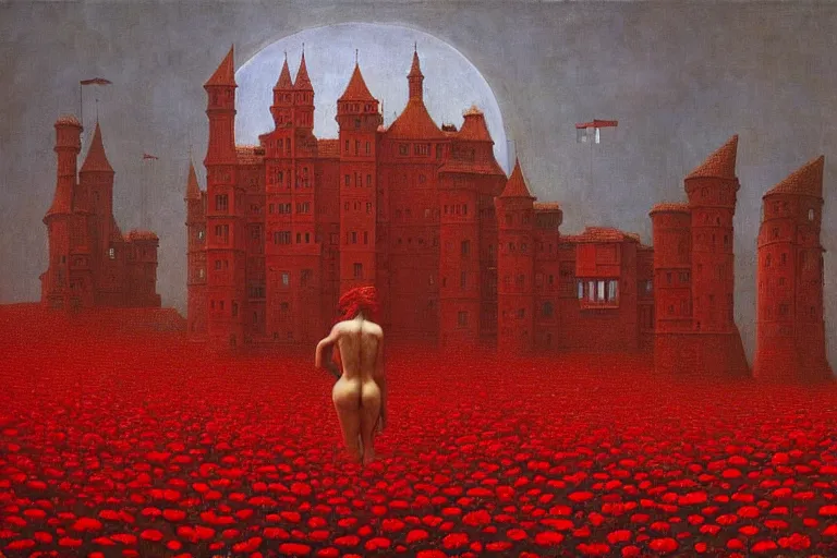 Image similar to only with red, red flowers of different types, a red tiger, a castle in the background, medieval demons dance over the flowers, an ancient path, in the style of beksinski, part by hopper, part by rodcenko, part by hofbauer, intricate composition, red by caravaggio, insanely quality, highly detailed, masterpiece, red light, artstation