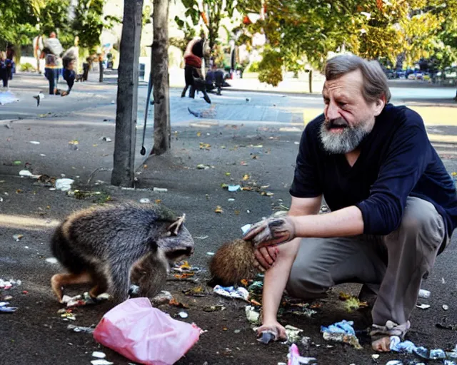 Image similar to slavoj zizek stealing trash from a racoon near a trash container