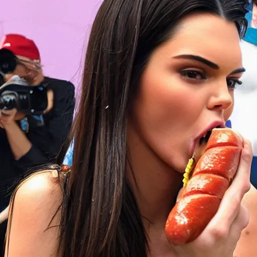 Image similar to “Kendall Jenner eating a humongous hotdog, inserting it into her mouth and staring intently at the camera”