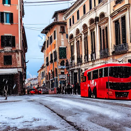 Image similar to The city of Rome under the snow on August. It's snowing everywhere on the entire cityscape of Rome under a blue sky and a very hot sun. It's crazy hot with red hot flames and fire everywhere but also very big snowflakes. People walk wearing swimsuits, tee shirts and shirt dresses and are very puzzled.