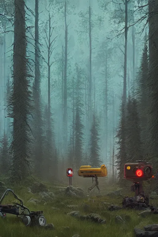 Image similar to Human, Simon Stalenhag in forest clearing style, trends on artstation, artstation HD, artstation, unreal engine, 4k, 8k