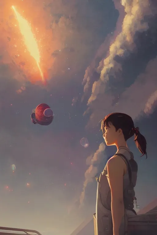 Image similar to a highly detailed matte painting of a girl watching space station explosion by studio ghibli, makoto shinkai, by artgerm, by wlop, by greg rutkowski, volumetric lighting, octane render, 4 k resolution, trending on artstation, masterpiece