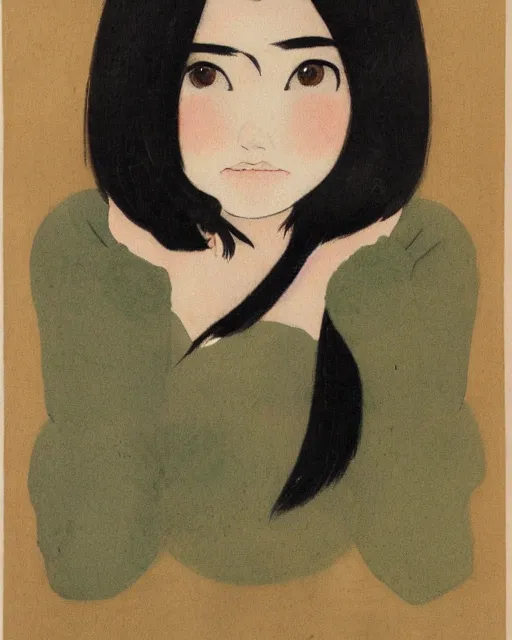 Image similar to a portrait of a young woman with shoulder length black hair, dark eyes, thick eyebrows, slightly chubby, pale skin, pretty, cute, by nakamura asumiko