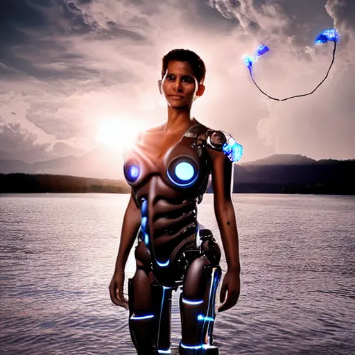 Image similar to beautiful centered Fine art photo portrait of young Halle Berry as a solarpunk robotic humanoid treading on a lake, white mechanical parts with led lights, photorealistic, white background, highly detailed and intricate, sun lighting, HDR 8k