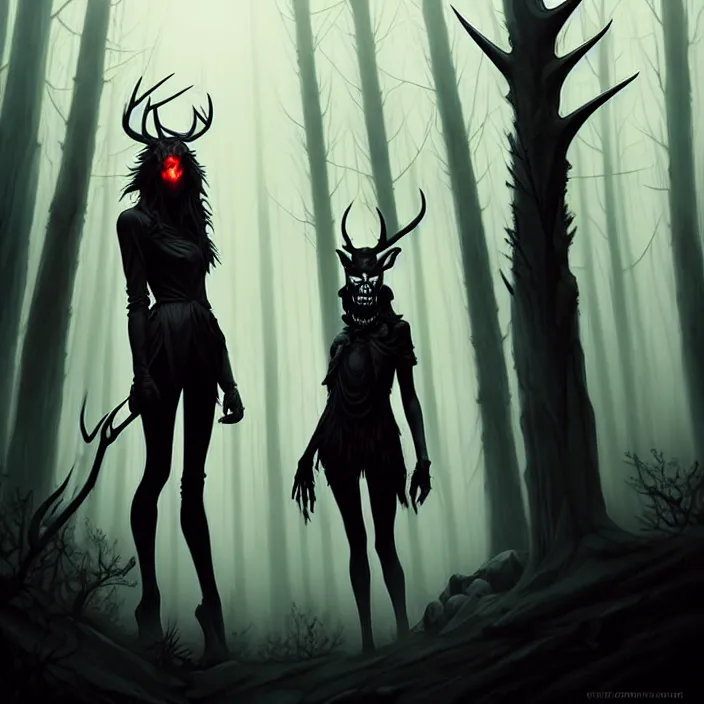 Image similar to style artgerm, joshua middleton, diego fazio, hubert robert : : scary wendigo with antlers and skull face mixed with werewolf : : [ beautiful witch wearing a black dress, symmetrical face, on the right side ] : : in the forest, detailed, dark and foggy, cinematic lighting