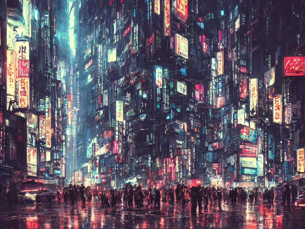 Image similar to a photorealistic hyperrealistic sci - fi rendering of gigantic tall highly detailed alien biomechanical tripods in a crowded tokyo, shinjuku street crossing at night, beautiful dramatic moody lighting, bladerunner, bright colorful neon signage, wet streets, reflections by greg rutkowski, james paick, wlop, volumetric lighting, cinematic atmosphere, artstation, 8 k