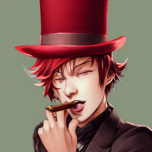 Prompt: semi realistic anime illustration of top hat wearing red haired man smoking a cigar, with slight stubble, with beautiful hyperdetailed eyes, facing camera directly, full face portrait made by Stanley Artgerm, WLOP, Rossdraws, James Jean Andrei Riabovitchev, Marc Simonetti, Yoshitaka Amano, Artstation