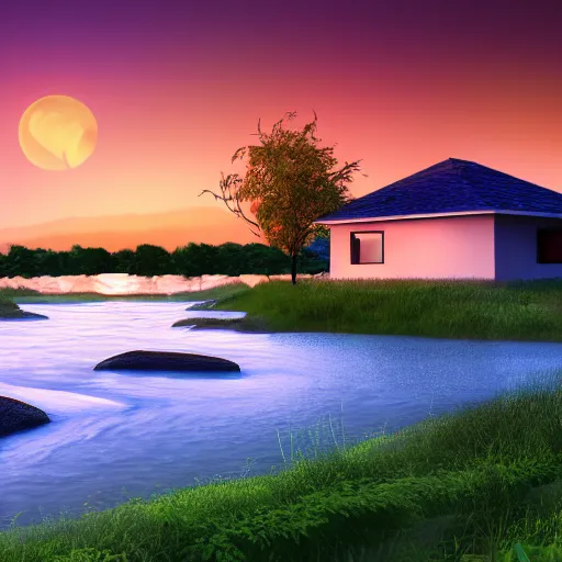 Prompt: a serene landscape with a singular house near a river at sunset, anime style, low saturation, calm, high quality