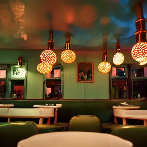Prompt: inside of a diner with jellyfish lampshades, polka dot tables, cozy lighting, late night, shrek in the foreground, photo