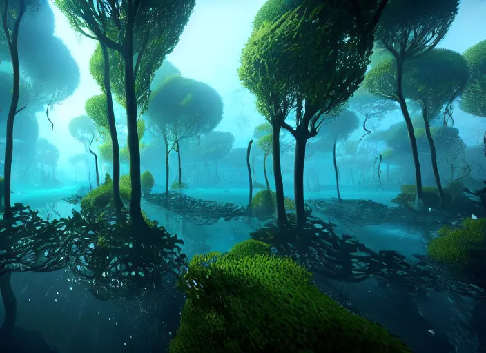 Image similar to a forest that grows upside down entirely underwater. Intricate. Very detailed 8k. Fantasy horror. Sharp. Cinematic post-processing. Unreal engine. Nanite. Ray tracing. Parallax. Tessellation