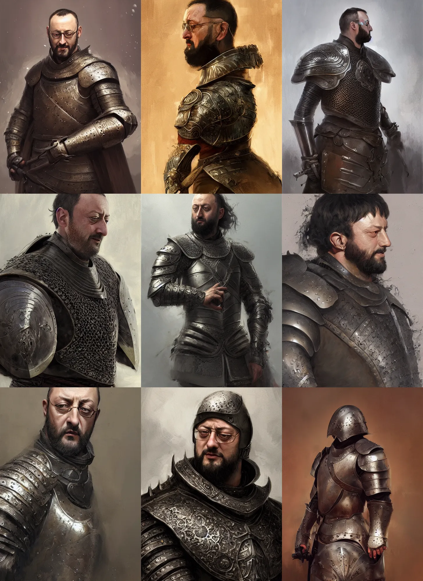 Prompt: jean reno portrait medieval armor, bowl haircut, dark, intricate, highly detailed, artstation, digital illustration, ruan jia, mandy jurgens, rutkowski