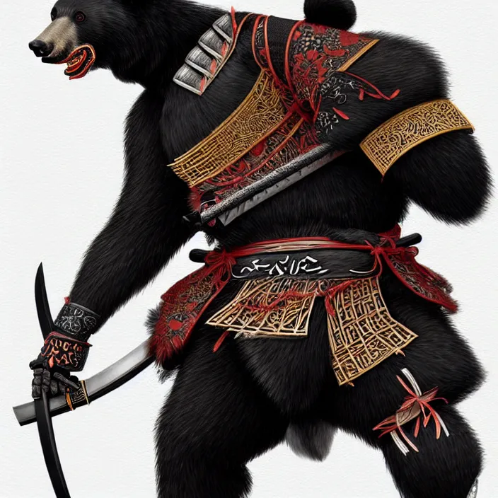 Image similar to anthropomorphic samurai asian black bear, fantasy, intricate, highly detailed, lifelike, photorealistic, digital painting, artstation, illustration, concept art, smooth, sharp focus, art by ogata korin and aya takano