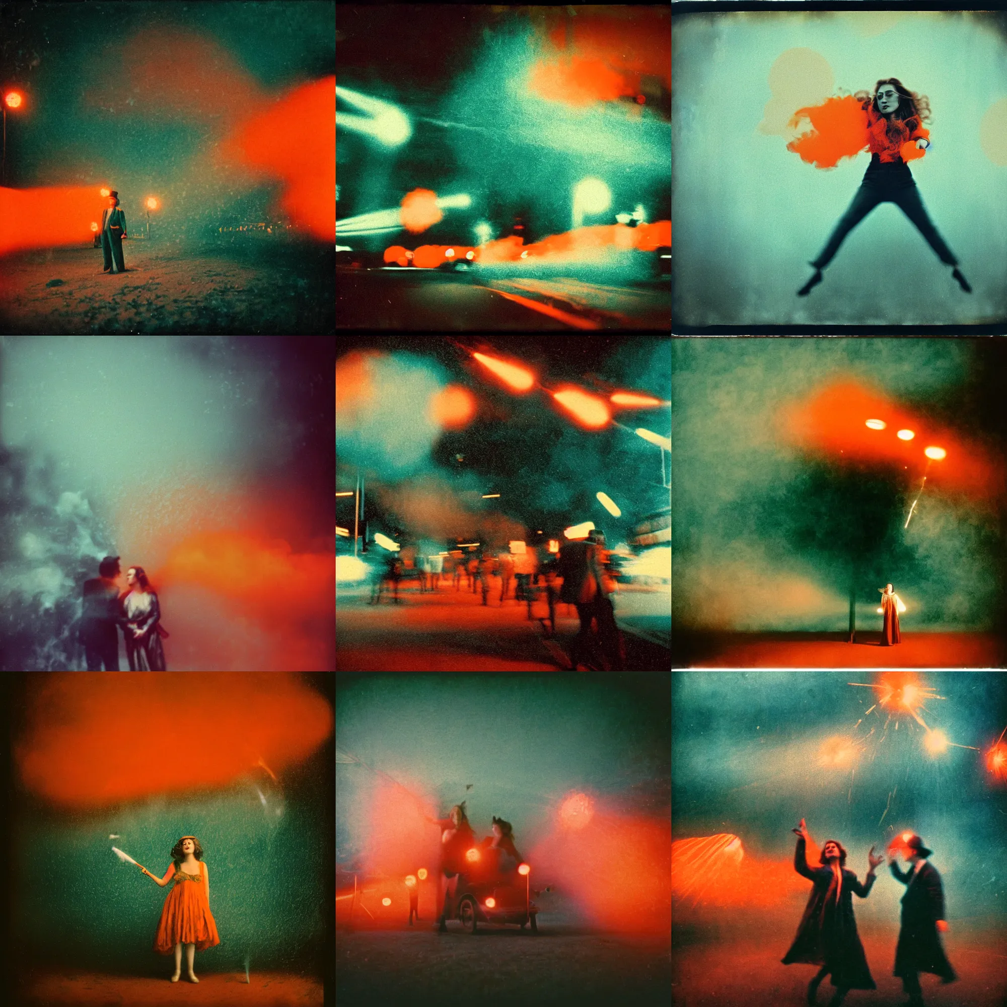 Prompt: kodak portra 4 0 0, wetplate, muted colours, orange and teal, movie almost famous, 1 9 1 0 s style, motion blur, portrait photo of a backdrop, explosions, rockets, bombs, sparkling, snow, fog, by georges melies and by britt marling