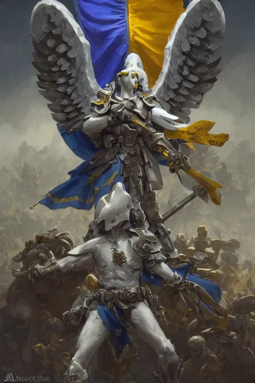 Image similar to A ghost soldier with angel wings with a blue and yellow flag behind him standing on a pile of skulls in triumph after the battle, D&D, fantasy, intricate, elegant, highly detailed, digital painting, artstation, concept art, matte, sharp focus, illustration, hearthstone, art by Artgerm and Greg Rutkowski and Alphonse Mucha