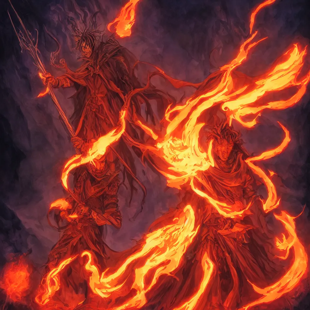 Prompt: dungeons and dragons official art of a lone male fire genasi wizard with pitch black skin, flaming hair, glowing orange eyes, wearing black wizard robes, smug smile, holding a wooden staff, standing proudly in front of barren plains in background, official print, book cover art