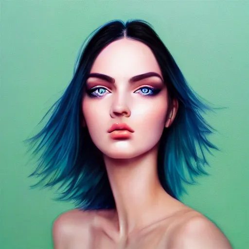 Image similar to photorealistic portrait of beautiful toxic girl, black hair, blue eyes, smooth face, perfect eyes, half body shot, elegant, realistic, glowing skin, detailed face, green colours, sharp focus