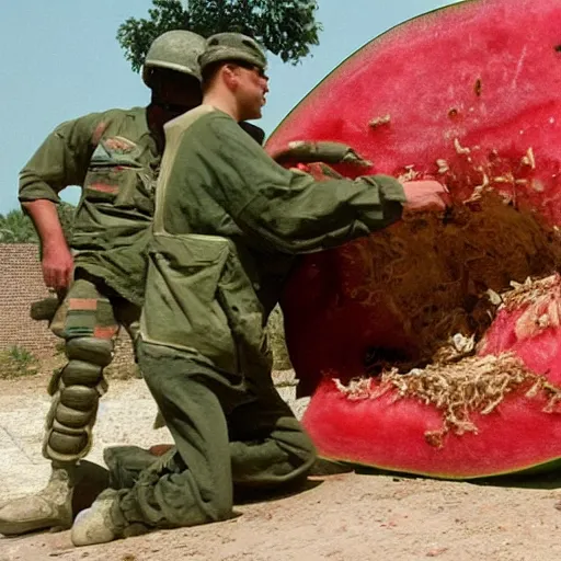 Image similar to The giant watermelon was finally stopped when it ran into a building that was too strong for it to destroy. It was cornered and had nowhere to go. The military was able to contain it and eventually destroy it. Cinematic