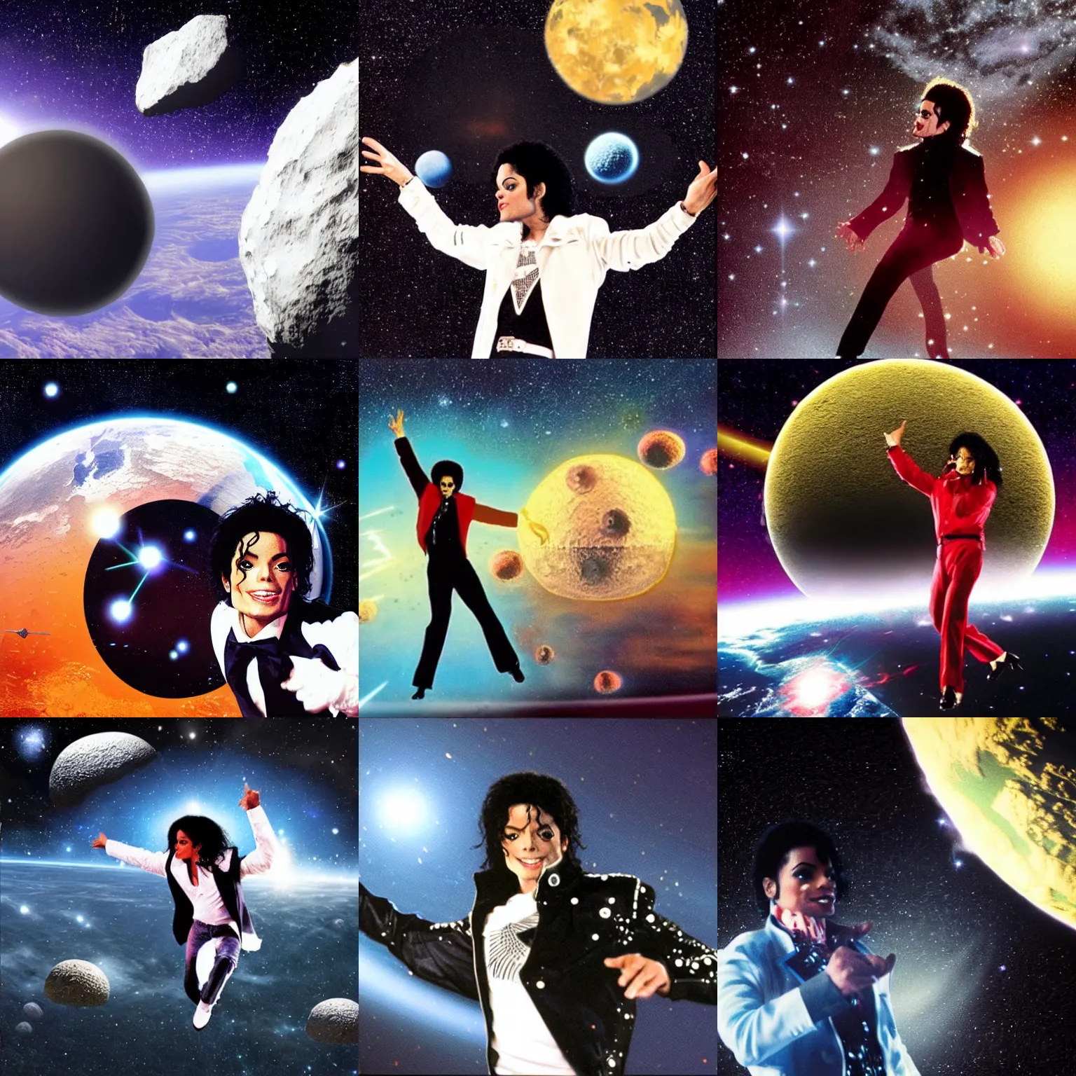 Prompt: michael jackson dancing in space with asteroids passing in the background