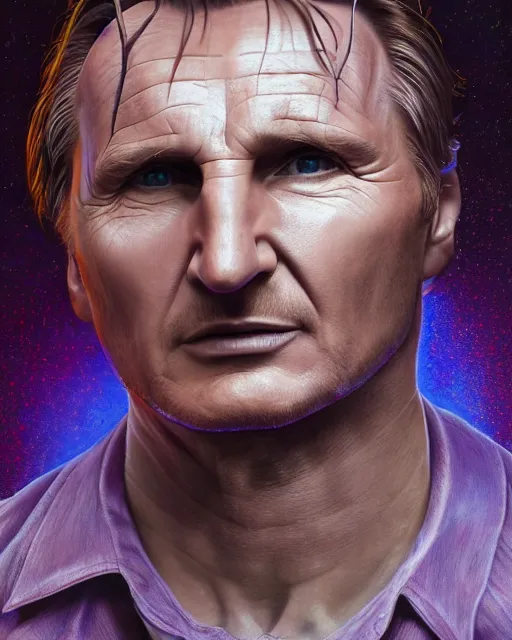 Image similar to portrait ultra dimensional liam neeson, accidentally tripping on dmt and acid, psychedelic experience, overwhelming psychosis of self realization and burning awakening, ultra high definition, unreal engine 5, hyperrealism, masterpiece composition, by casey weldon, barclay shaw 8 k photorealistic