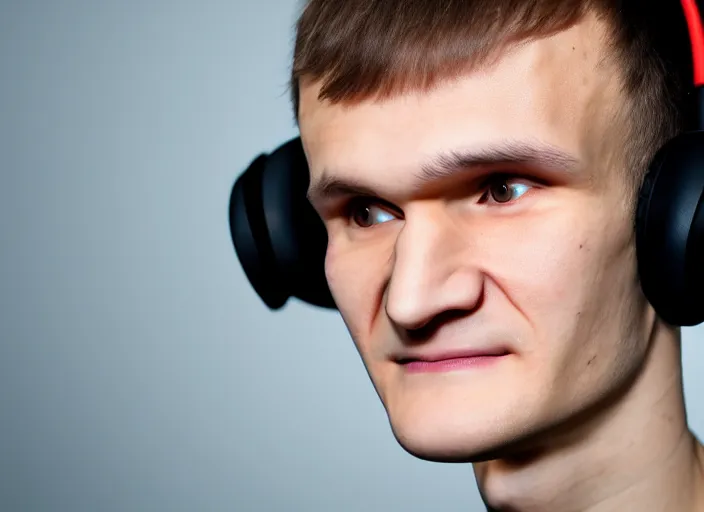 Prompt: headshot of vitalik buterin in headphones. perfect symmetric face, coherent eyes, happy beautiful face fine details., 4 k, ron cobb