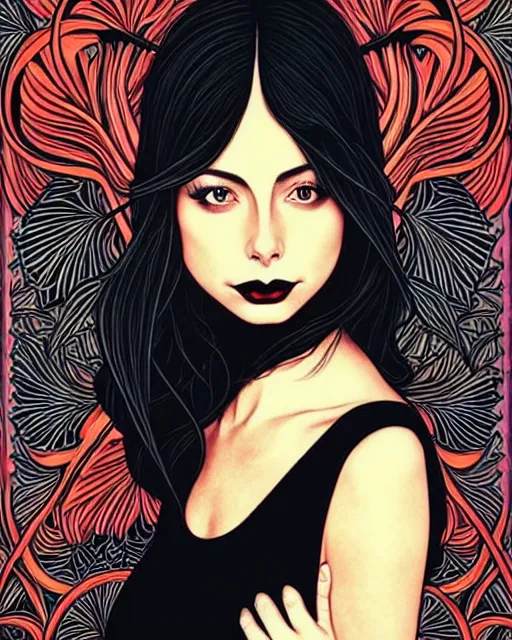 Image similar to style of audrey kawasaki, artgerm : : gorgeous willa holland : : evil witch, swirling black magic, black dress : : symmetrical face, symmetrical eyes : : full body pose : : gorgeous black hair : : magic lighting, low spacial lighting : :