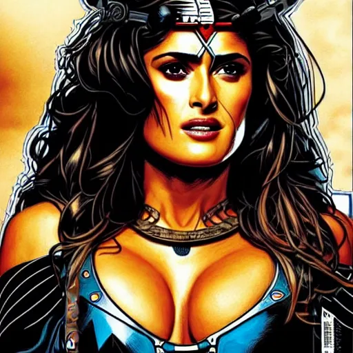 Prompt: a portrait of Salma Hayek as a barbarian warrior intricate details by MARVEL comics and Sandra Chevrier