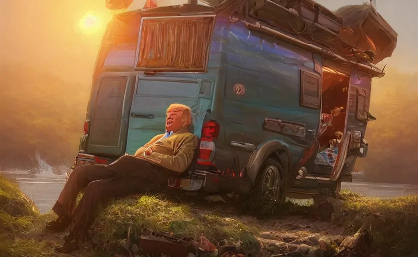 Prompt: highly detailed portrait of donald trump living in a van, down by the river, homeless, stephen bliss, unreal engine, fantasy art by greg rutkowski, loish, rhads, ferdinand knab, makoto shinkai and lois van baarle, ilya kuvshinov, rossdraws, tom bagshaw, global illumination, radiant light, detailed and intricate environment