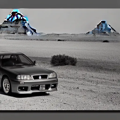 Image similar to vintage photo of nissan skyline r 3 4 near egypt pyramids, grayscale, photorealistic, highres