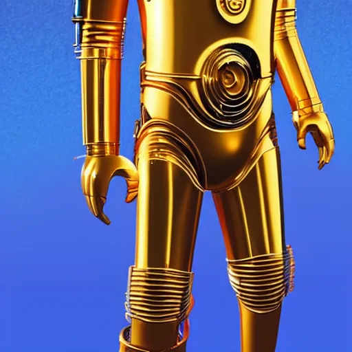 Image similar to full body portrait of Simpson as C3PO in star wars, background blue sky puffy clouds cinematic 4k