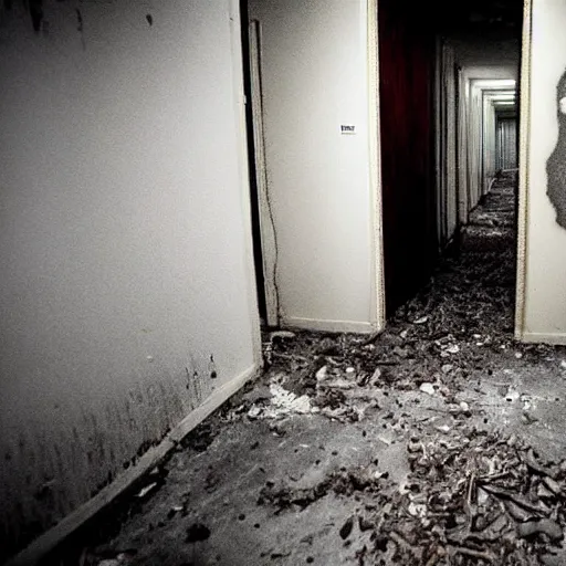 Image similar to eerie dark figure hidden in plain sight, abandoned hospital, creepy, scary