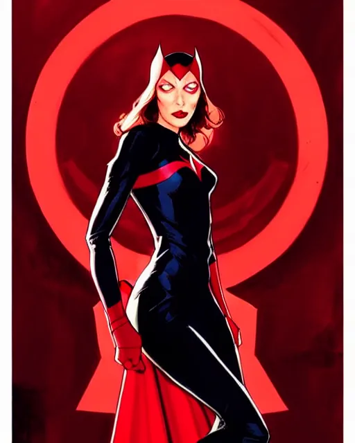 Image similar to rafael albuquerque comic art, peter mohrbacher, phil noto, artgerm, pretty evil elizabeth olson scarlet witch marvel, black and red dress, symmetrical eyes