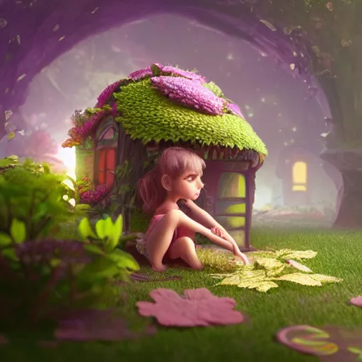 Image similar to a tiny cute fairy in a flower house, beautiful face, large eyes, cute, adorable, volumetric light, octane render, trending on artstation