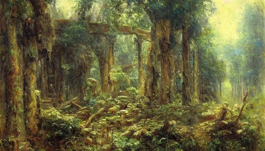 Image similar to forest filled with ruins, heavy rain, in the style of Gaston Bussière