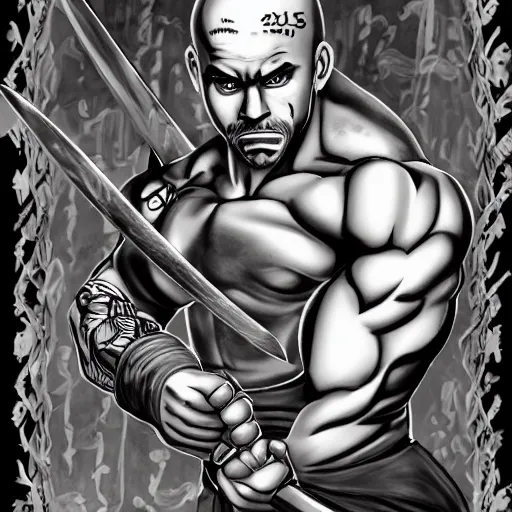 Image similar to muscular bald man, tattooed body, sword in hands, HD, anime style,