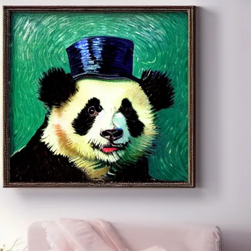 Image similar to a van gogh painting of a baby panda wearing a top hat, 4 k, hyper realistic, dslr, landscape, high resolution