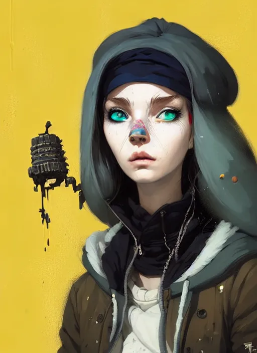 Prompt: highly detailed portrait of a sewer punk lady student, white eyes, burberry hoody, hat, white hair by atey ghailan, by greg rutkowski, by greg, tocchini, by james gilleard, by joe fenton, by kaethe butcher, gradient yellow, black, brown and cyan color scheme, grunge aesthetic!!! ( ( graffiti tag wall background ) )